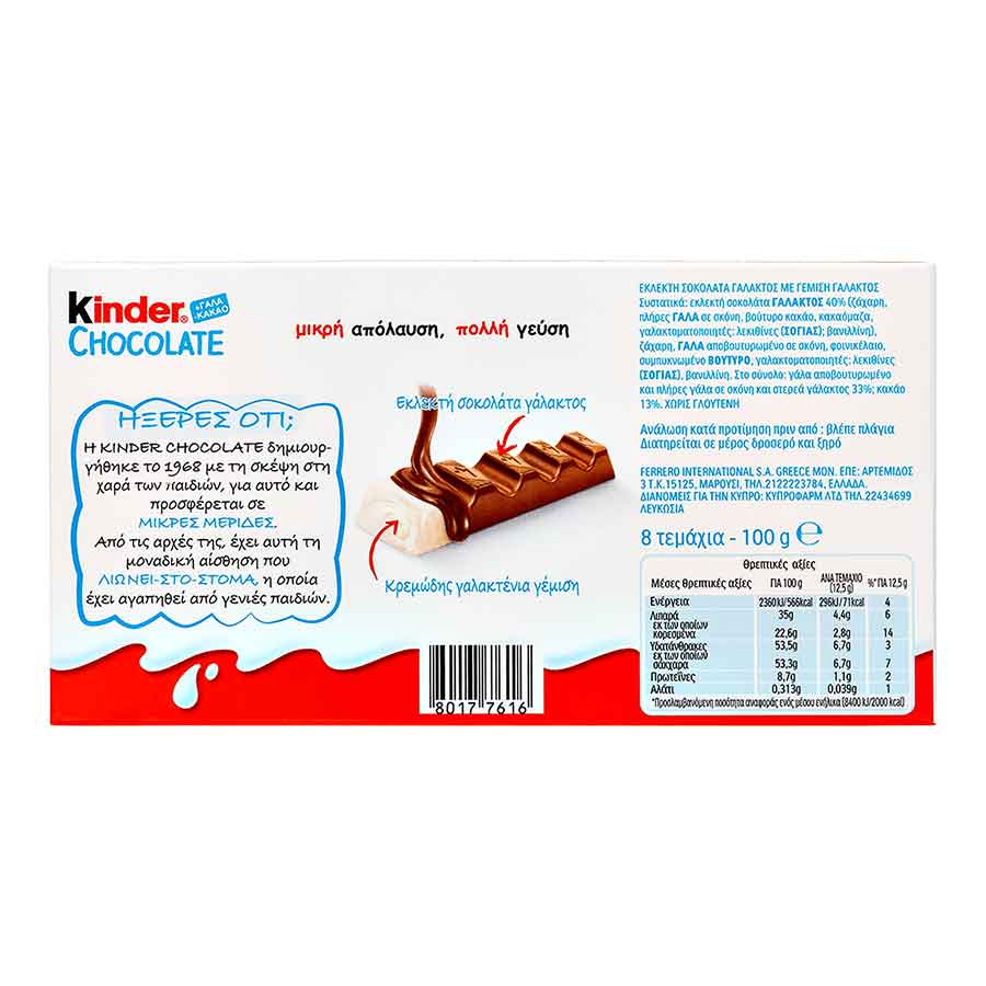Ferrero Kinder Σοκολάτα Χωρίς Γλουτένη 8τεμ. 100γρ.