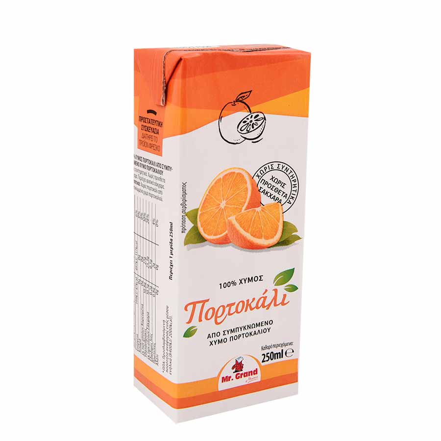 MrGrand Φυσικός Χυμός Πορτοκάλι Χωρίς Ζάχαρη 250ml.