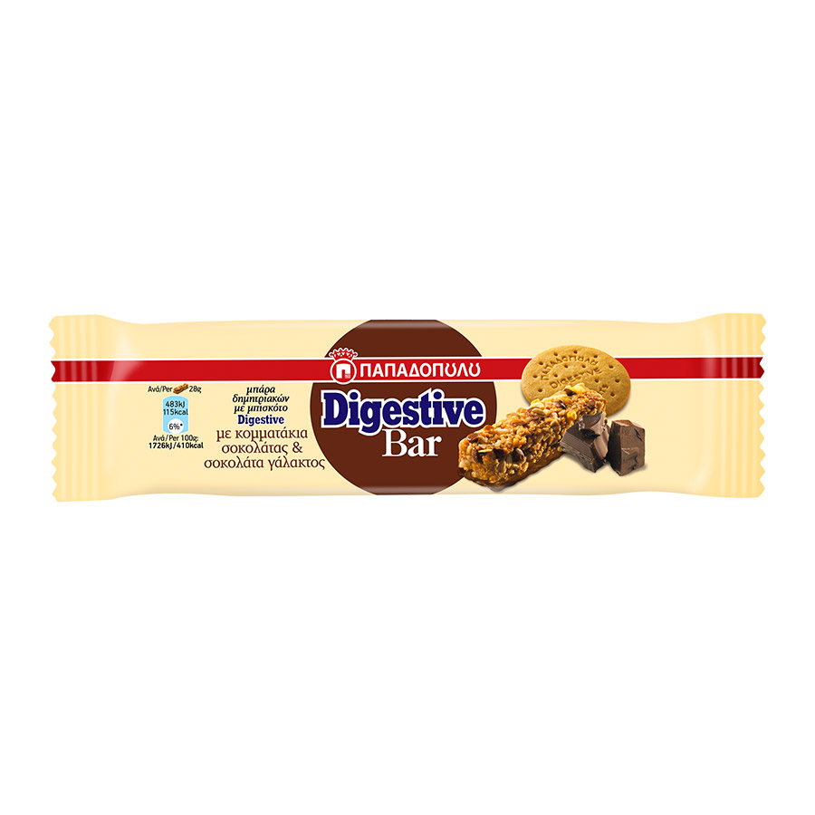 Παπαδοπούλου Digestive Μπάρες Δημητριακών Με Κομμάτια Σοκολάτας Γάλακτος 5x28γρ.