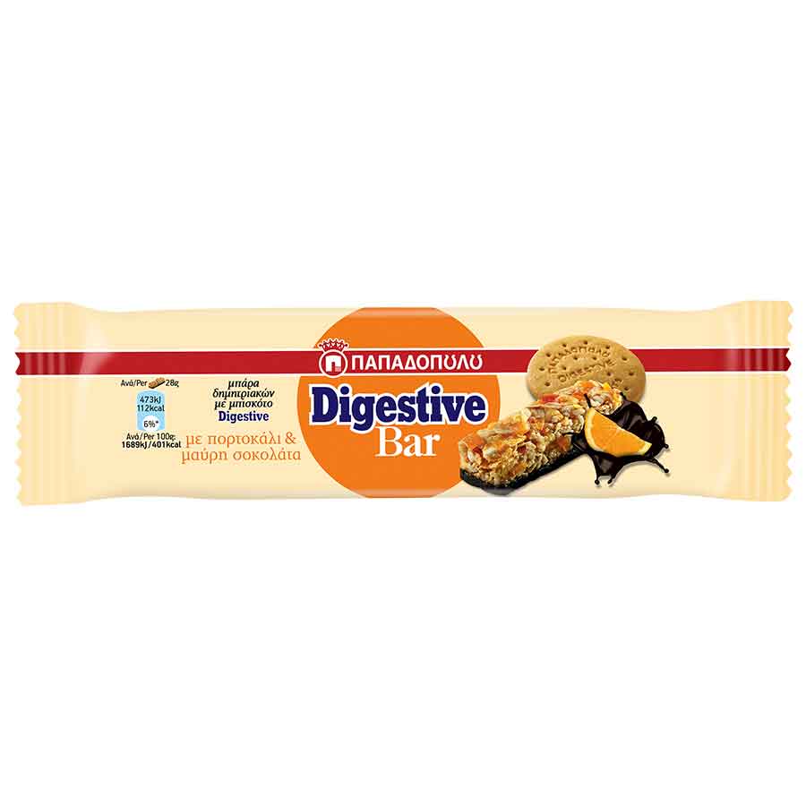 Παπαδοπούλου Digestive Μπάρες Δημητριακών Με Πορτοκάλι & Μαύρη Σοκολάτα 5x28γρ.