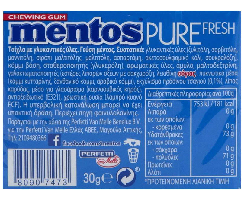 Mentos Pure Fresh Τσίχλες Μέντα 30γρ.