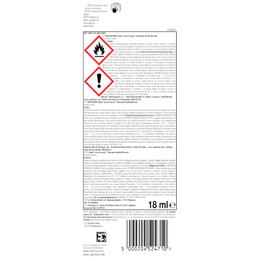 Glade Sense & Spray Αρωματικό Χώρου Ανταλλακτικό Αυτόματης Συσκευής Ψεκασμού Romantic Vanilla Blossom 18ml.