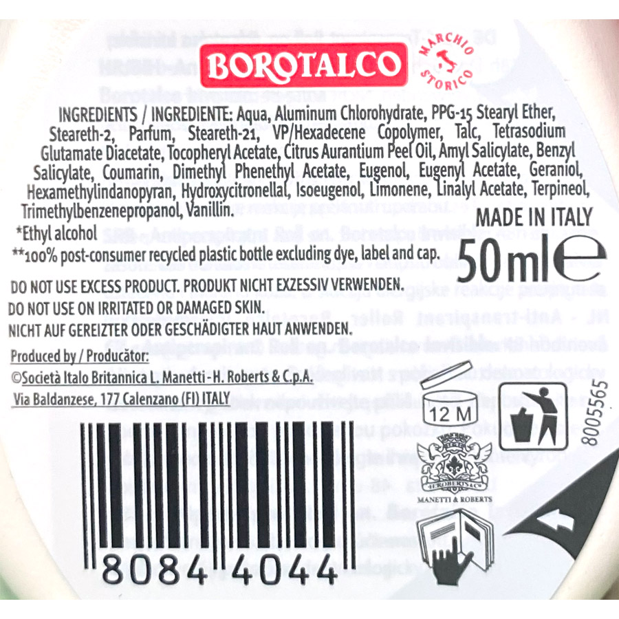 Borotalco Αποσμητικό Roll-On Invisible 50ml.