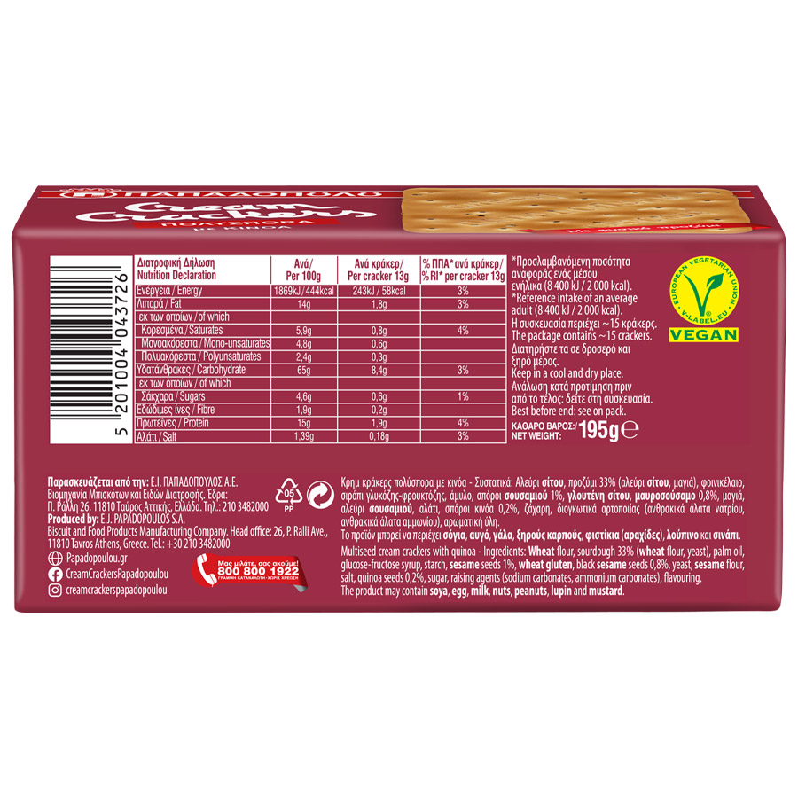 Παπαδοπούλου Cream Crackers Πολύσπορα Με Κινόα 195γρ.
