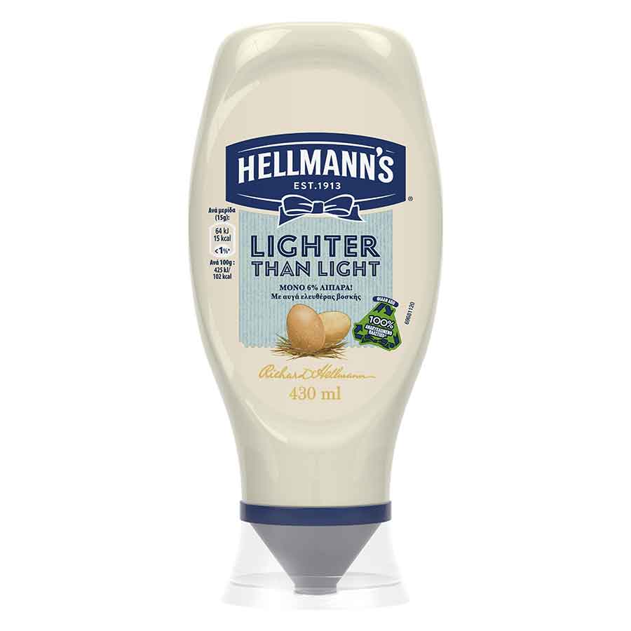 Hellmann's Μαγιονέζα 3% Λιπαρά Χωρίς Γλουτένη Top Down 430ml.