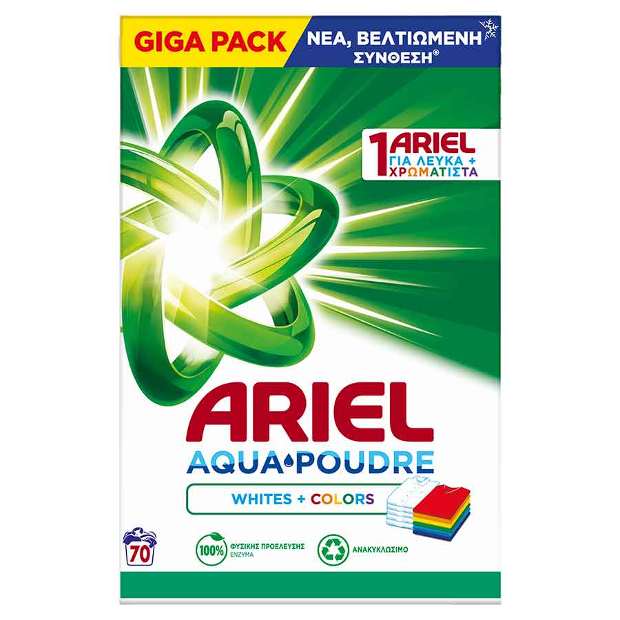 Ariel AquaPoudre Απορρυπαντικό Πλυντηρίου Ρούχων Σκόνη Λευκά & Χρωματιστά 70mez. 4,55kg.