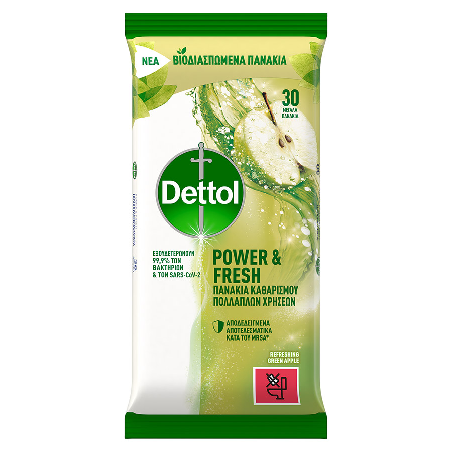 Dettol Υγρά Απολυμαντικά Πανάκια Καθαρισμού Επιφανειών Πράσινο Μήλο 30τεμ.