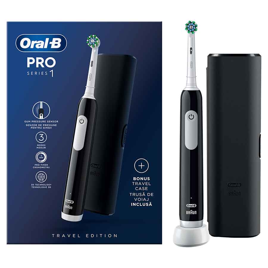 Oral-B Οδοντόβουρτσα Επαναφορτιζόμενη Pro1 Μαύρη + Θήκη Ταξιδιού