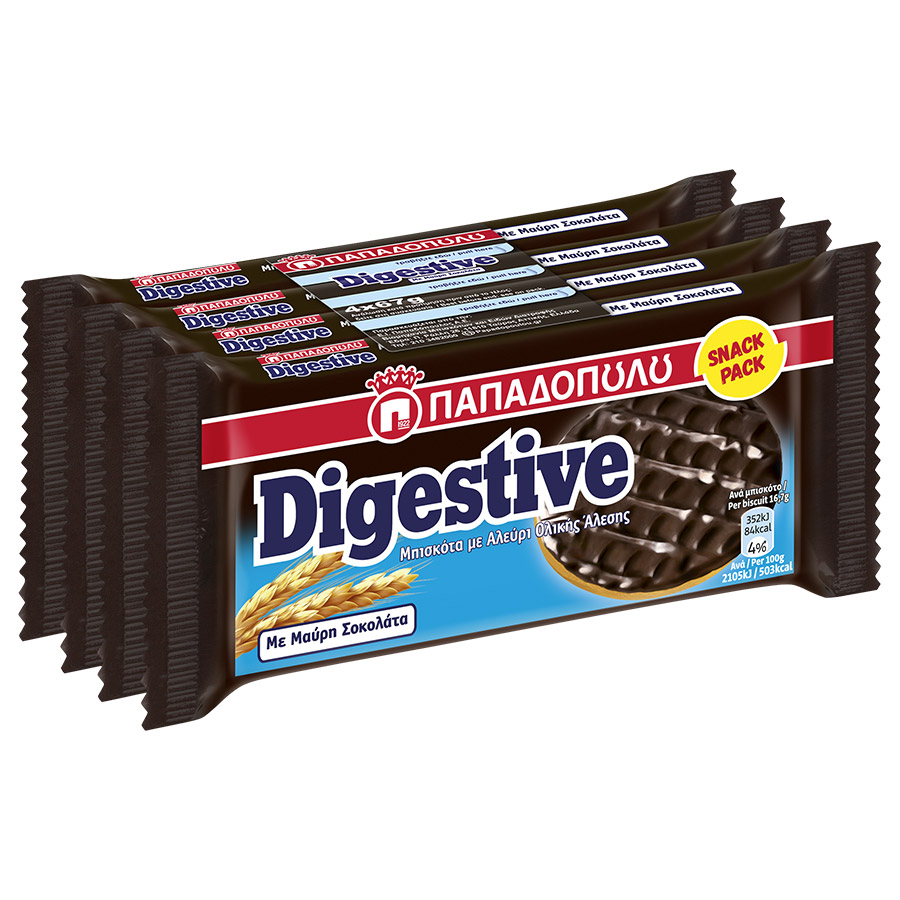 Παπαδοπούλου Μπισκότα Digestive Με Μαύρη Σοκολάτα Snack Pack 4x67γρ.