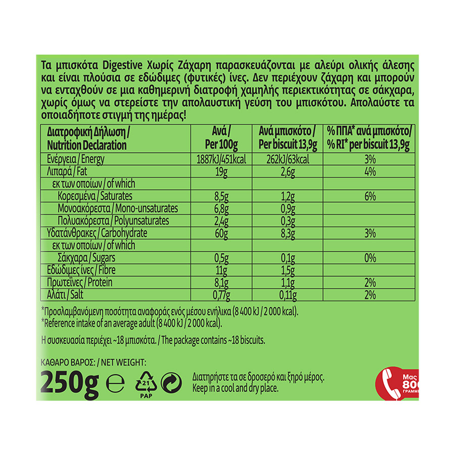Παπαδοπούλου Digestive Μπισκότα Ολικής Χωρίς Ζάχαρη 2x250γρ.