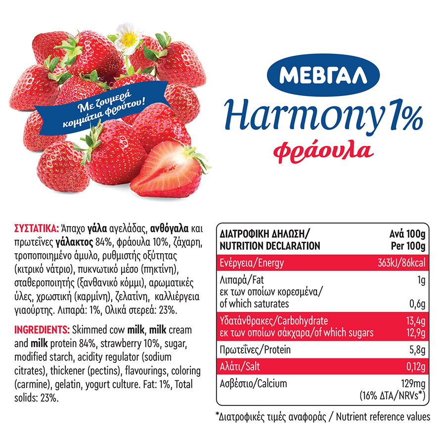 Μεβγάλ Harmony Επιδόρπιο Γιαουρτιού 1% Λιπαρά Φράουλα 2x170γρ.