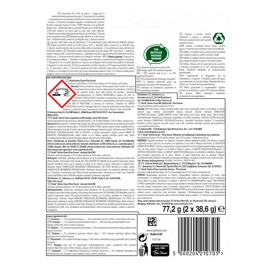 Duck Active Clean Μπλοκ Τουαλέτας Pine Duo Pack 2x38,6γρ.