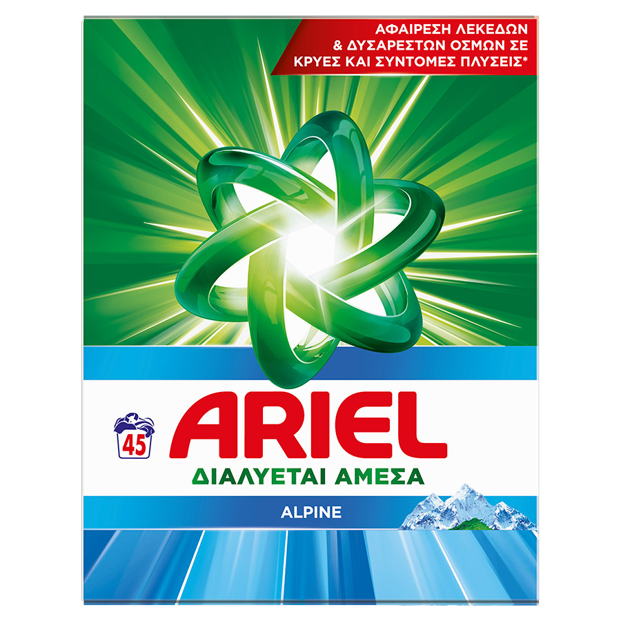 Ariel Απορρυπαντικό Πλυντηρίου Ρούχων Σκόνη Alpine 45mez. 2,925kg.