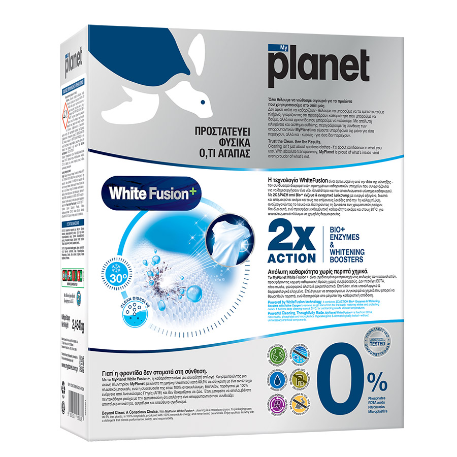 Planet White Fusion Απορρυπαντικό Πλυντηρίου Ρούχων Σκόνη 54mez. 2,484kg.