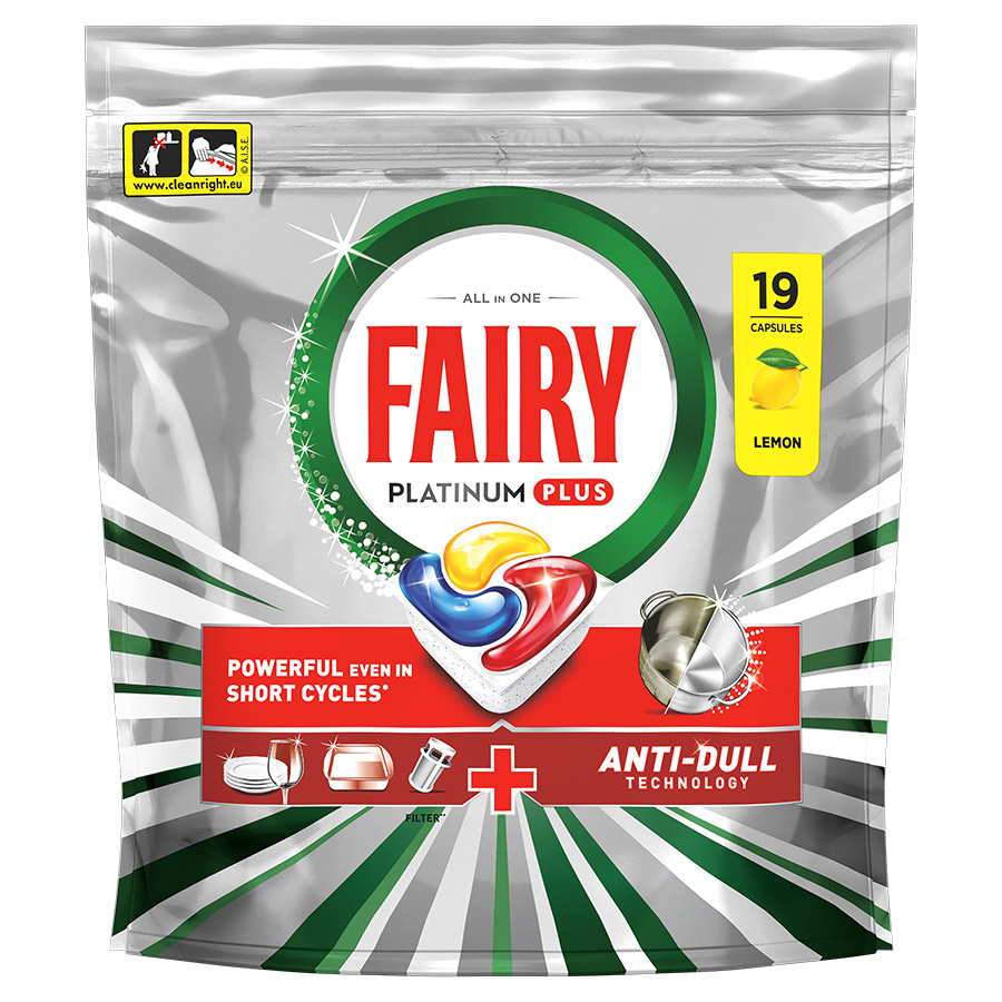 Fairy Platinum Plus Κάψουλες Πλυντηρίου Πιάτων Αnti-Dull Λεμόνι 19τεμ.