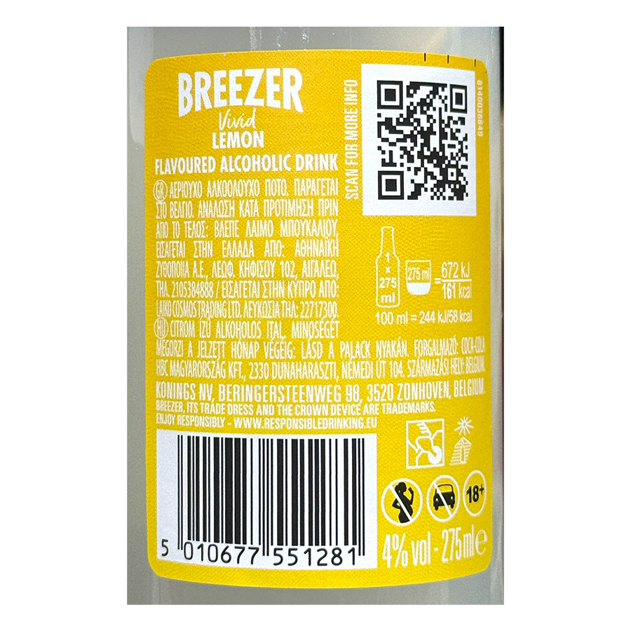 Bacardi Breezer Lemon 275ml.