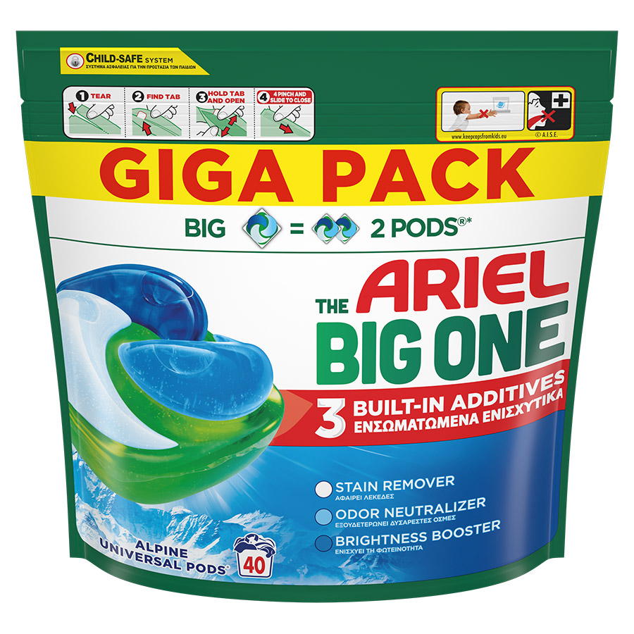 Ariel Big One Pods Απορρυπαντικό Πλυντηρίου Ρούχων Alpine 40τεμ.