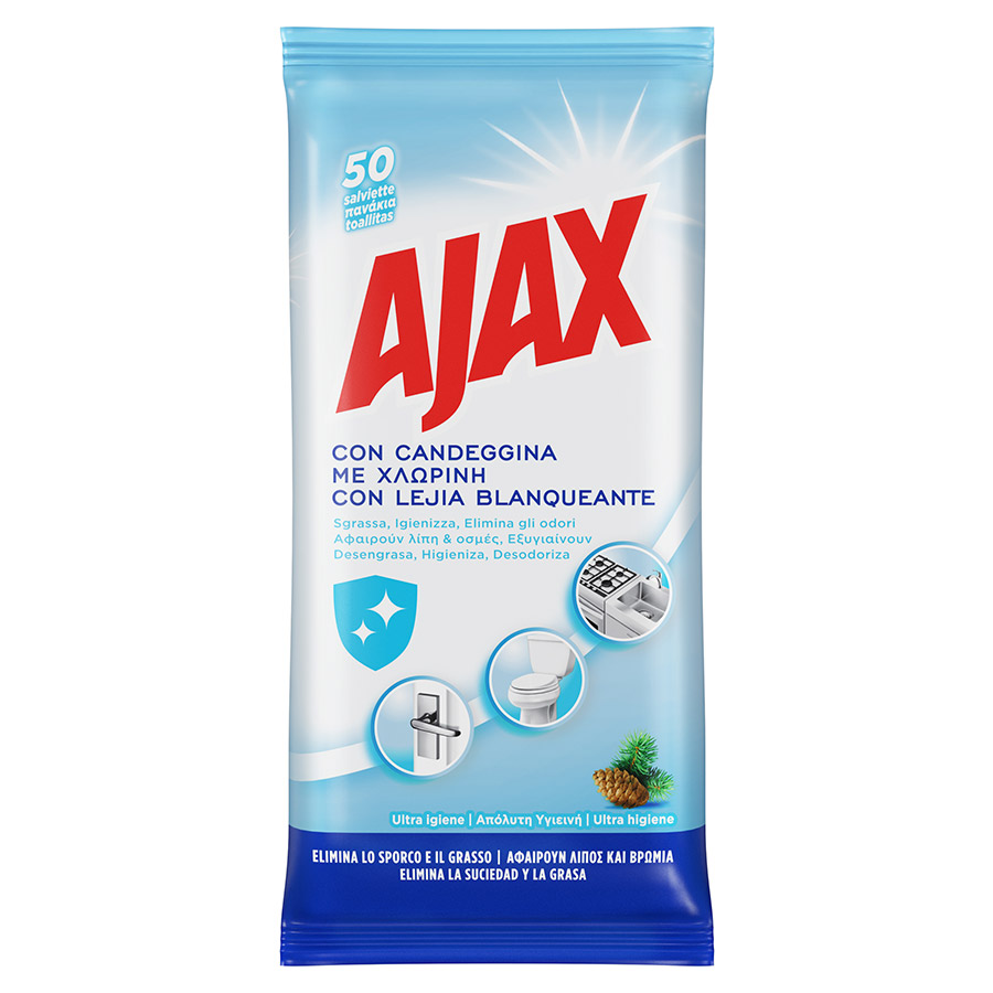 Ajax Υγρά Πανάκια Καθαρισμού Με Χλωρίνη 50τεμ.