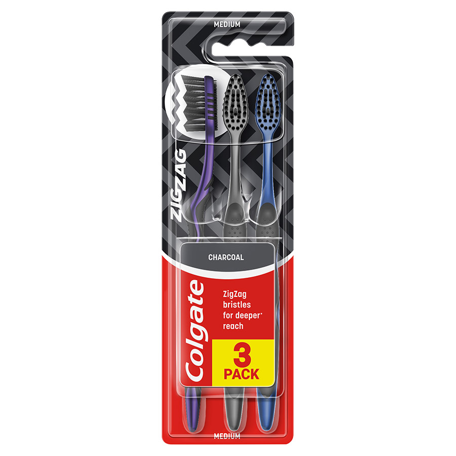 Colgate Zig Zag Οδοντόβουρτσα Charcoal Μέτρια Τριπλή Συσκευασία