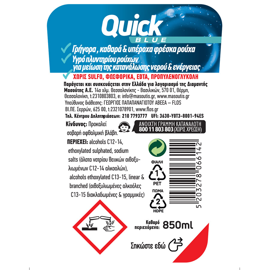 MrGrand Υγρό Απορρυπαντικό Πλυντηρίου Ρούχων Quick Blue 21mez. 850ml.