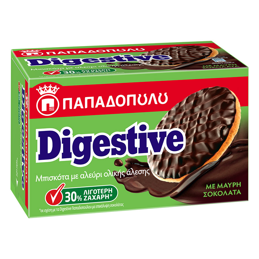 Παπαδοπούλου Digestive Μπισκότα Με Επικάλυψη Μαύρης Σοκολάτας 30% Λιγότερη Ζάχαρη 200γρ.