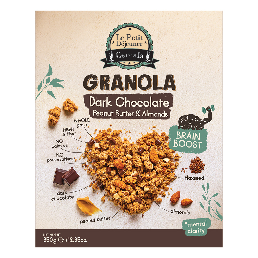Le Petit Dejeuner Granola Μαύρη Σοκολάτα, Φυστικοβούτυρο & Αμύγδαλα Brain Boost 350γρ.