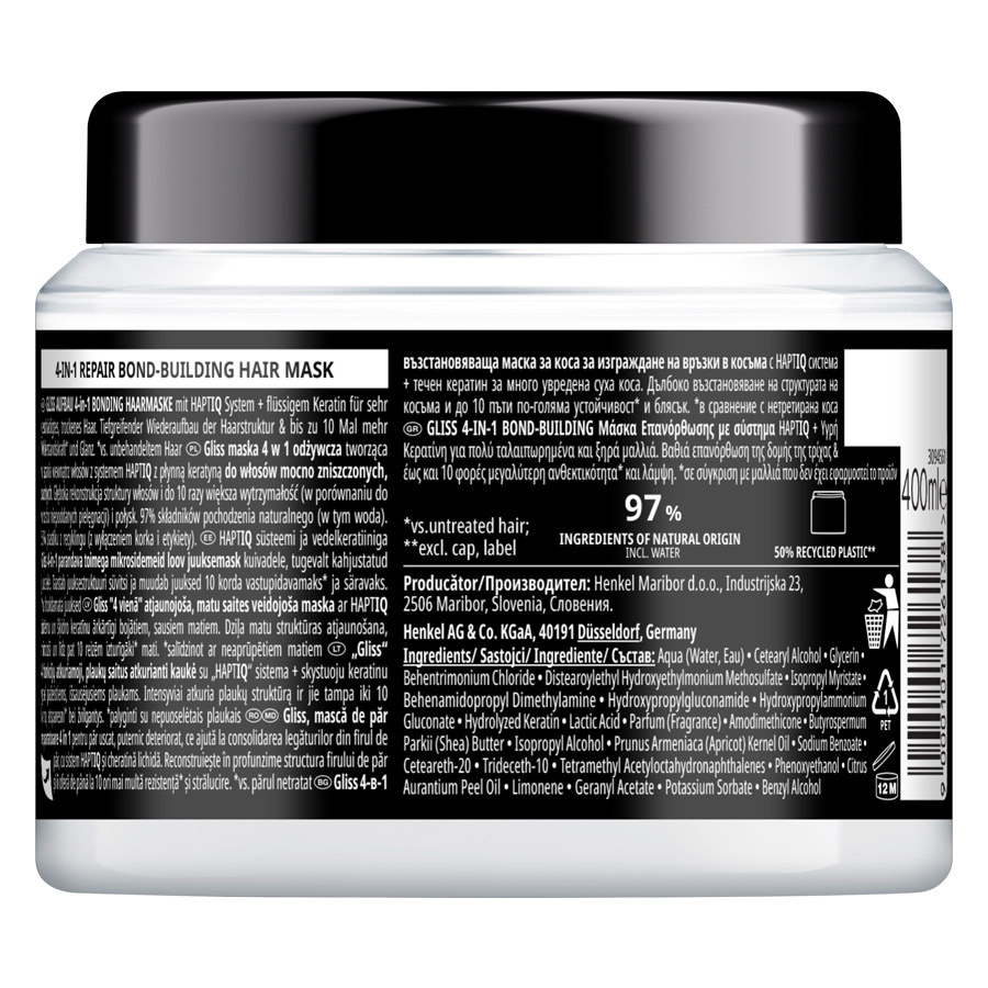 Schwarzkopf Gliss Bond Μάσκα Μαλλιών Building Repair 4σε1 400ml.