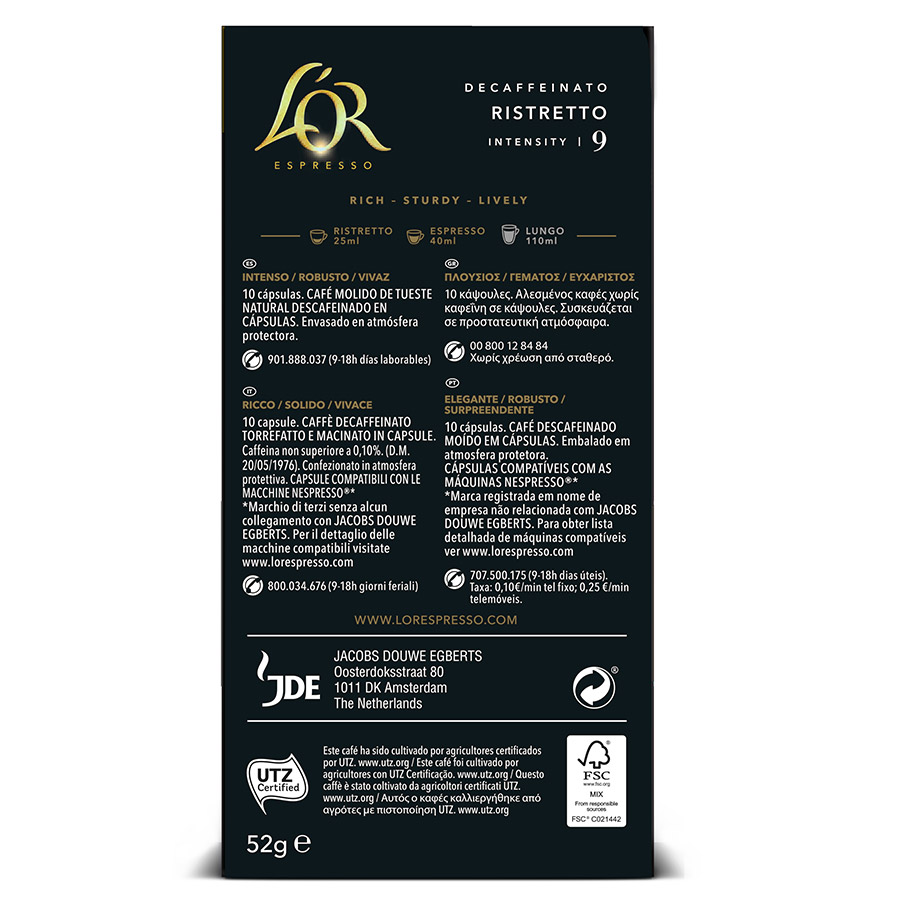 Lor Καφές Espresso Ristretto Decaffeinato Σε Κάψουλες 10τεμ. 52γρ.
