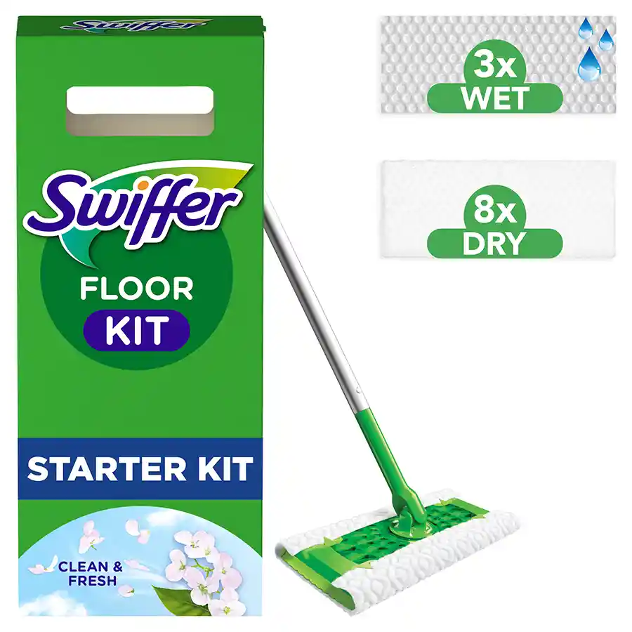 Swiffer Kit Έτοιμη Σκούπα Με 8 Στεγνά Πανάκια & 3 Υγρά Πανάκια