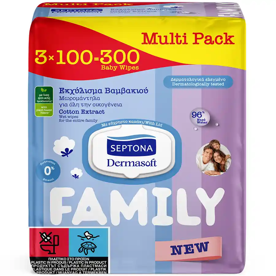Septona Dermasoft Family Μωρομάντηλα Cotton 3x100τεμ.