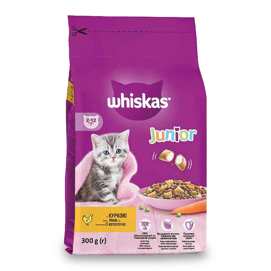 Whiskas Ξηρά Γατοτροφή Junior Κοτόπουλο & Γεμιστές Κροκέτες Με Γάλα 300γρ.