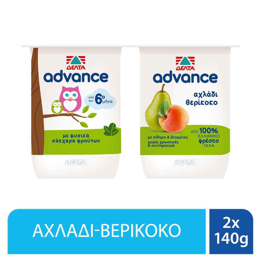 Δέλτα Advance Επιδόρπιο Γιαουρτιού Αχλάδι Βερίκοκο 2x140γρ.