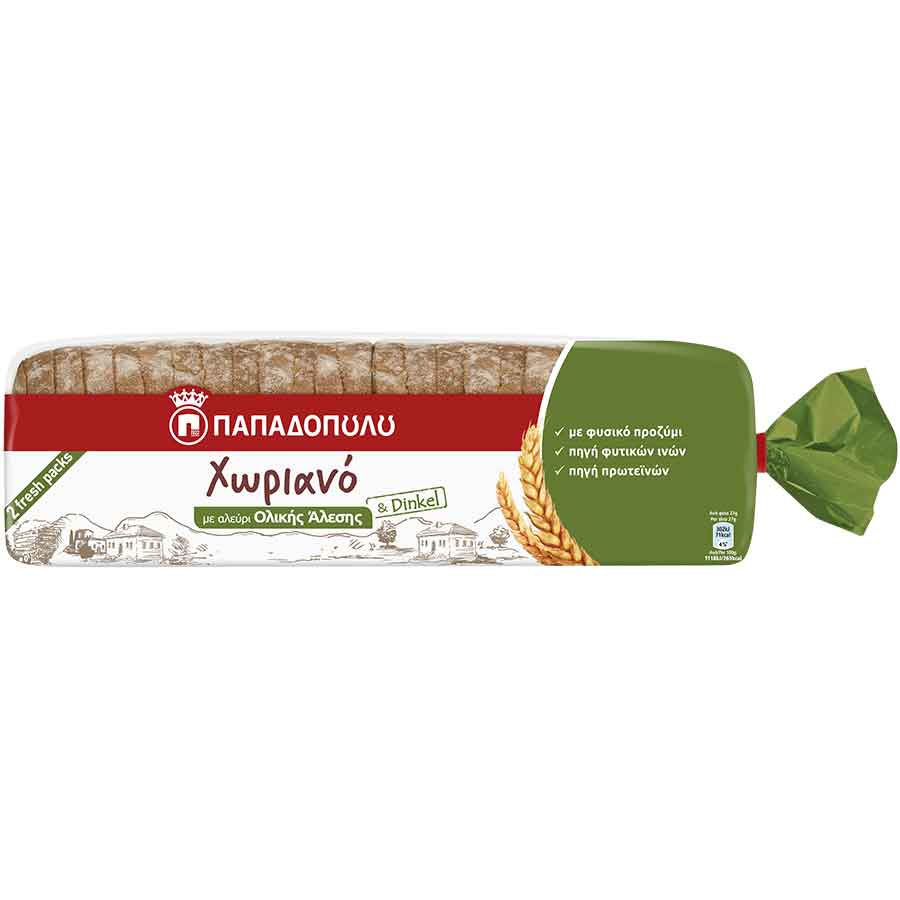 Παπαδοπούλου Χωριανό Ψωμί Ολικής Άλεσης Με Ντίνκελ Σε Φέτες 700γρ.