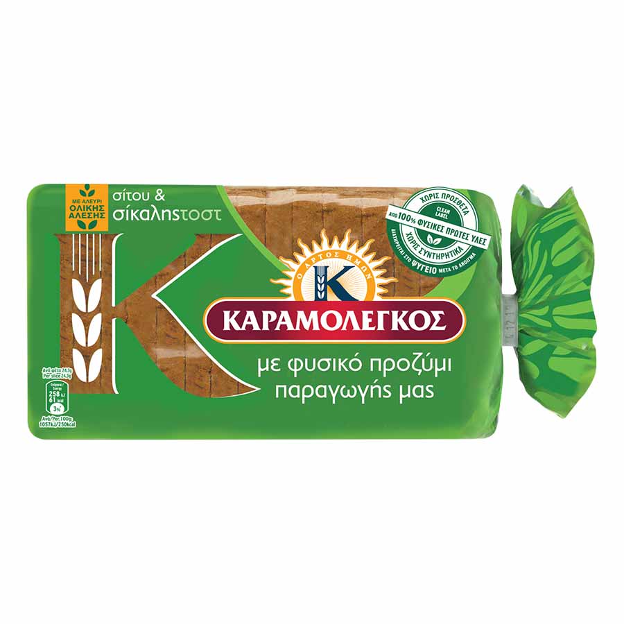 Καραμολέγκος Ψωμί Τοστ Σικάλεως Ολικής Άλεσης Σε Φέτες 340γρ.
