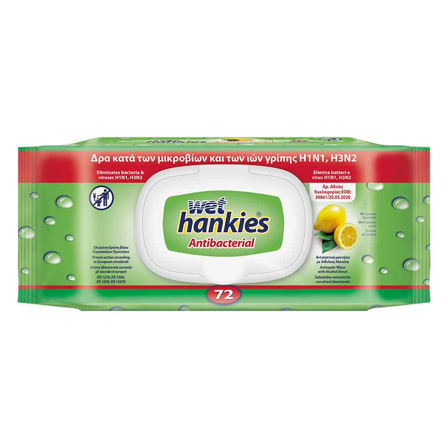 Wet Hankies Υγρά Μαντηλάκια Αντιβακτηριδιακά Λεμόνι 72τεμ.