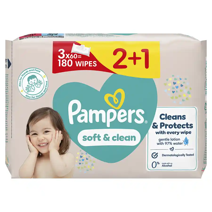 Pampers Μωρομάντηλα Soft & Clean 60τεμ. 2+1Δώρο