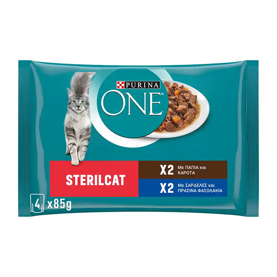 Purina One Sterilcat Φιλετάκια Σε Σάλτσα Με Πάπια Καρότα & Σαρδέλες Με Πράσινα Φασολάκια 4x85γρ.