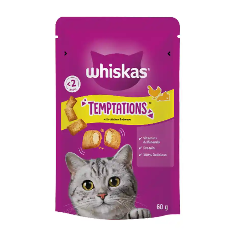 Whiskas Temptations Σνακ Γάτας Κοτόπουλο & Τυρί 60γρ.