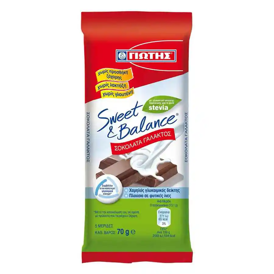 Γιώτης Sweet & Balance Σοκολάτα Γάλακτος Με Στέβια Χωρίς Γλουτένη 70γρ.
