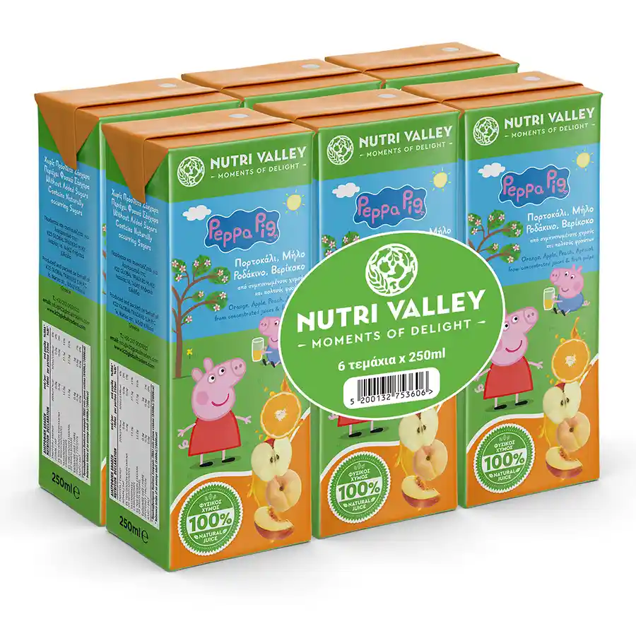 Nutri Valley Χυμός Peppa Pig Μήλο Πορτοκάλι Ροδάκινο Βερίκοκο 6x250ml.