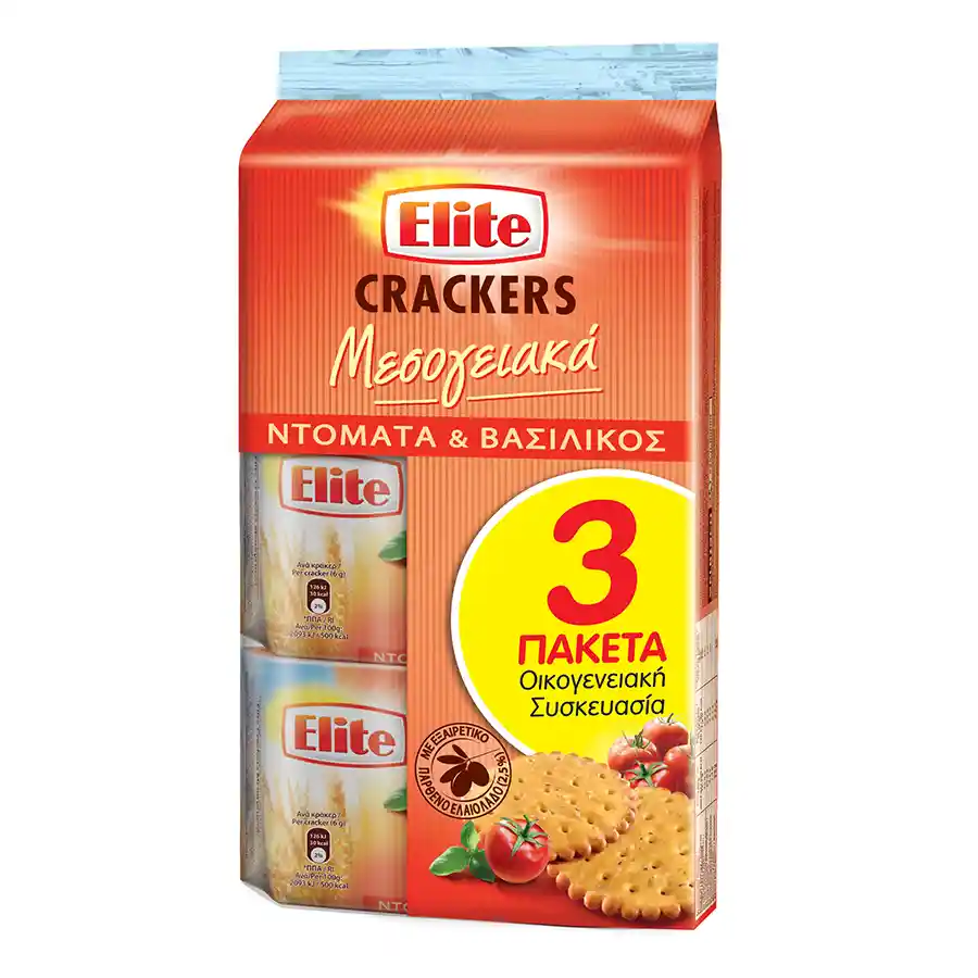 Elite Crackers Μεσογειακά Τομάτα & Βασιλικός Οικογενειακή Συσκευασία 3x105γρ.